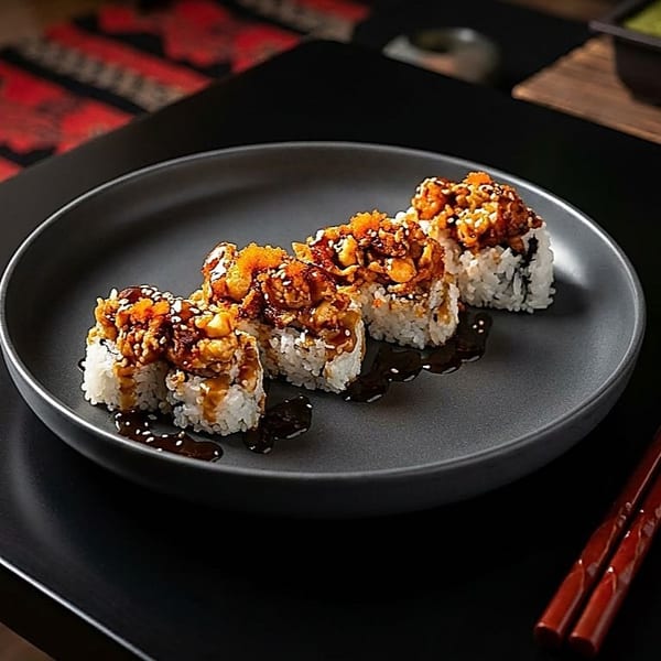 Four pieces of sushi with crispy toppings and dark sauce on a gray plate with red chopsticks.