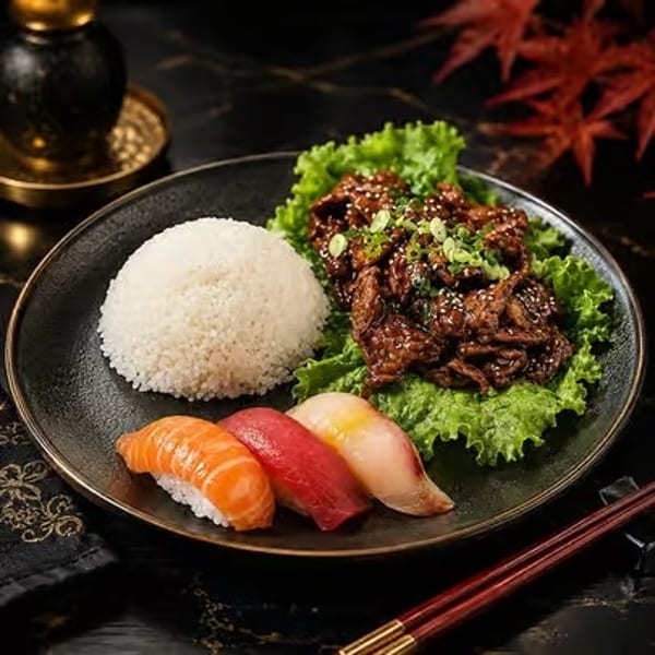 A plate with white rice, bulgogi on lettuce, and three pieces of nigiri sushi.