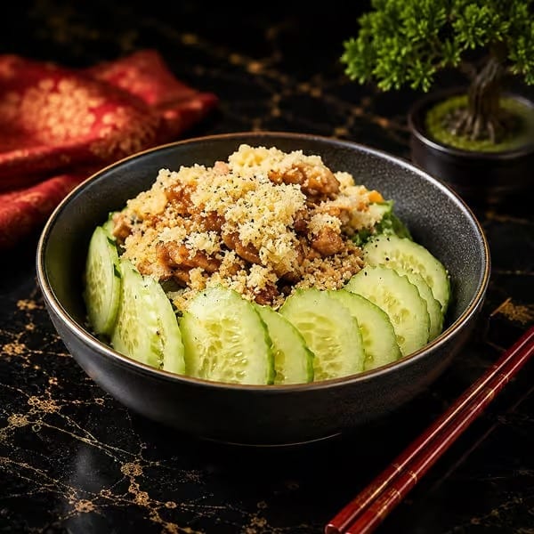 A dark bowl filled with a dish topped with breadcrumbs, surrounded by cucumber slices, on a dark table.
