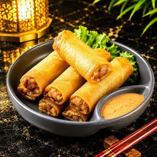 Crispy golden spring rolls with lettuce and dipping sauce, served with chopsticks on a dark table.