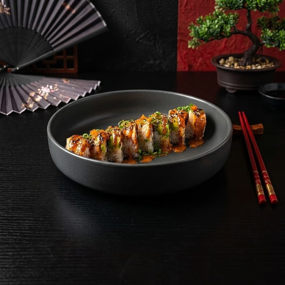 Sushi rolls drizzled with sauce in a black bowl, accompanied by red chopsticks, a folding fan, and bonsai décor.
