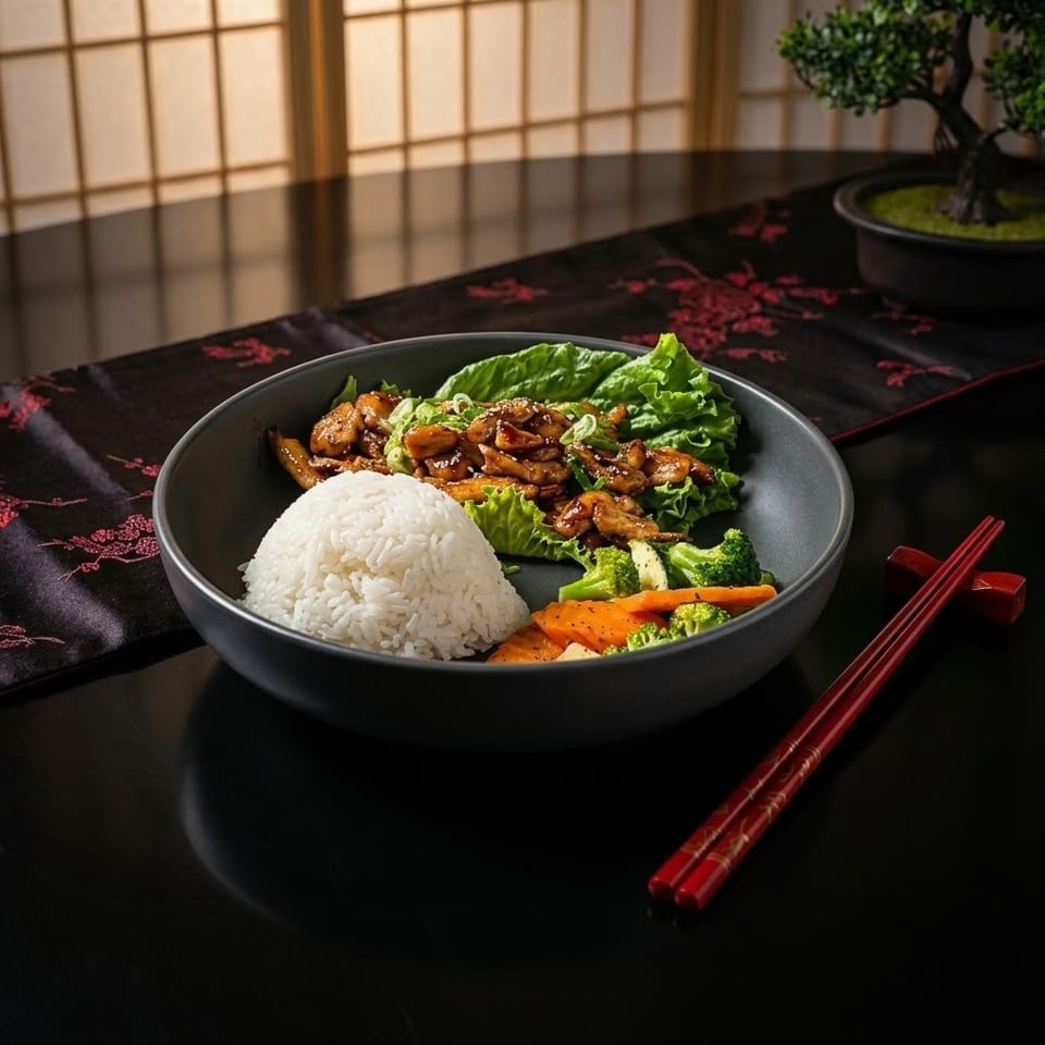 Asian-inspired meal with white rice, glazed chicken, lettuce, broccoli, and carrots in a black bowl beside red chopsticks.