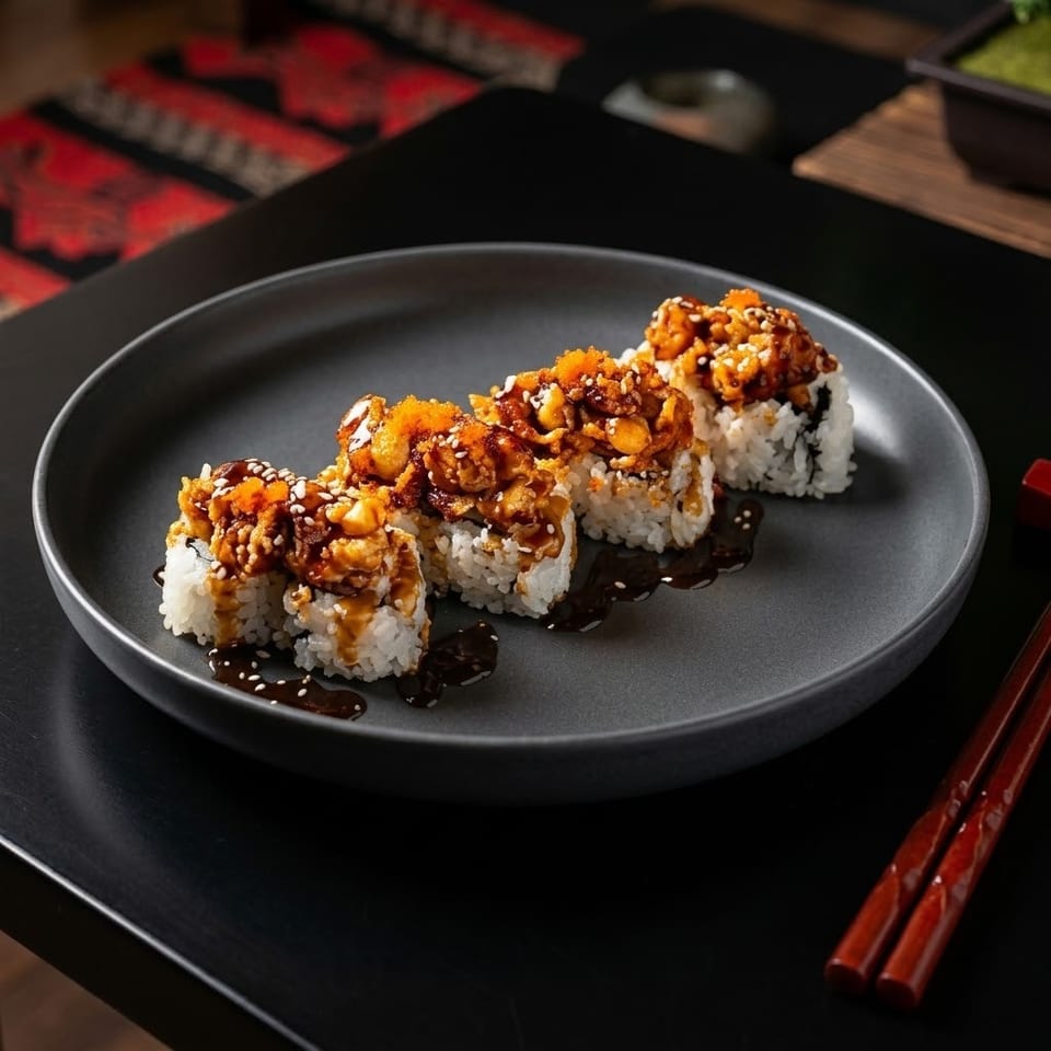 Sushi rolls topped with crispy fried onions, sesame seeds, and orange roe, drizzled with sauce on a black plate.