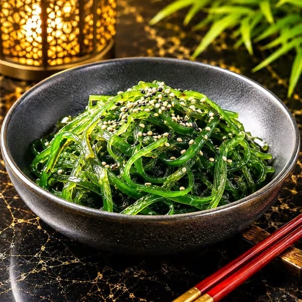 A black bowl filled with vibrant green seaweed salad, topped with sesame seeds, next to red chopsticks.
