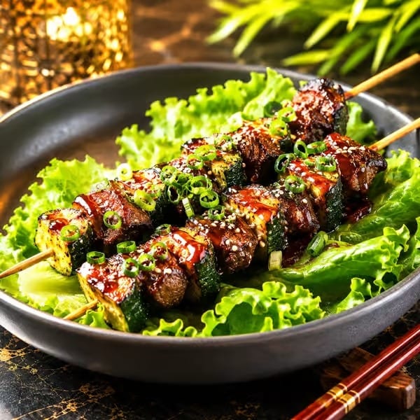 Two skewers of grilled meat and zucchini, drizzled with sauce, on a bed of lettuce.