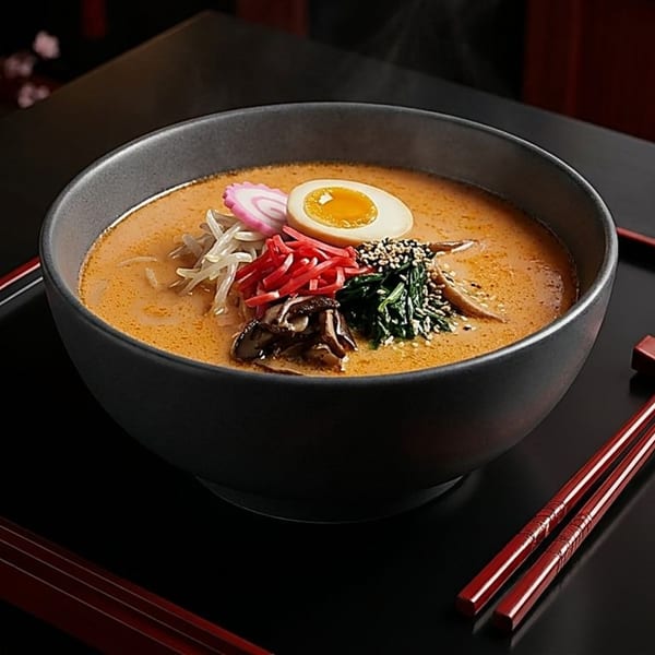 Steaming bowl of ramen with egg, fish cake, mushrooms, and greens, served with red chopsticks.