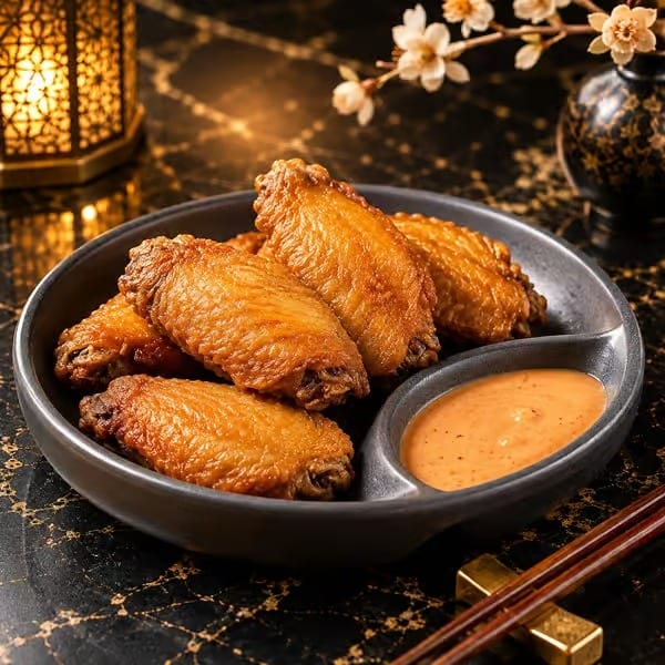 Crispy golden-brown chicken wings with dipping sauce, chopsticks, and decorative lantern on a dark table.
