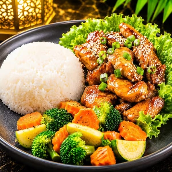 Teriyaki chicken with sesame seeds, white rice, steamed broccoli, carrots, and zucchini on a plate.